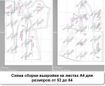 Схема сборки выкройки платья халата из листов бумаги А4 на размеры от 52 до 64
